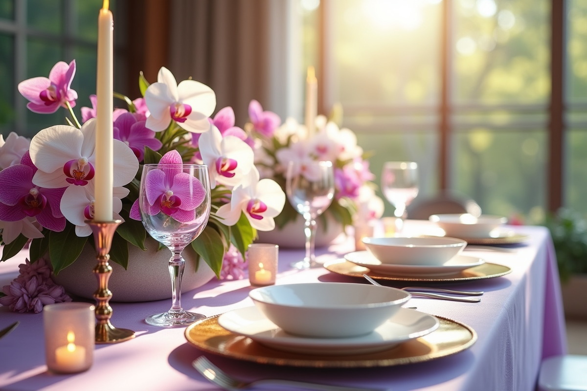 Table de mariage avec orchidées blanches et violettes