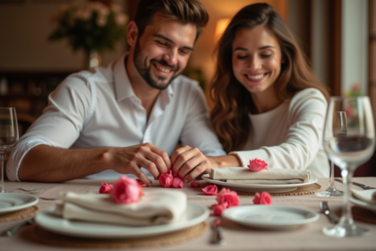 Jeune couple arrangeant une table romantique pour deux