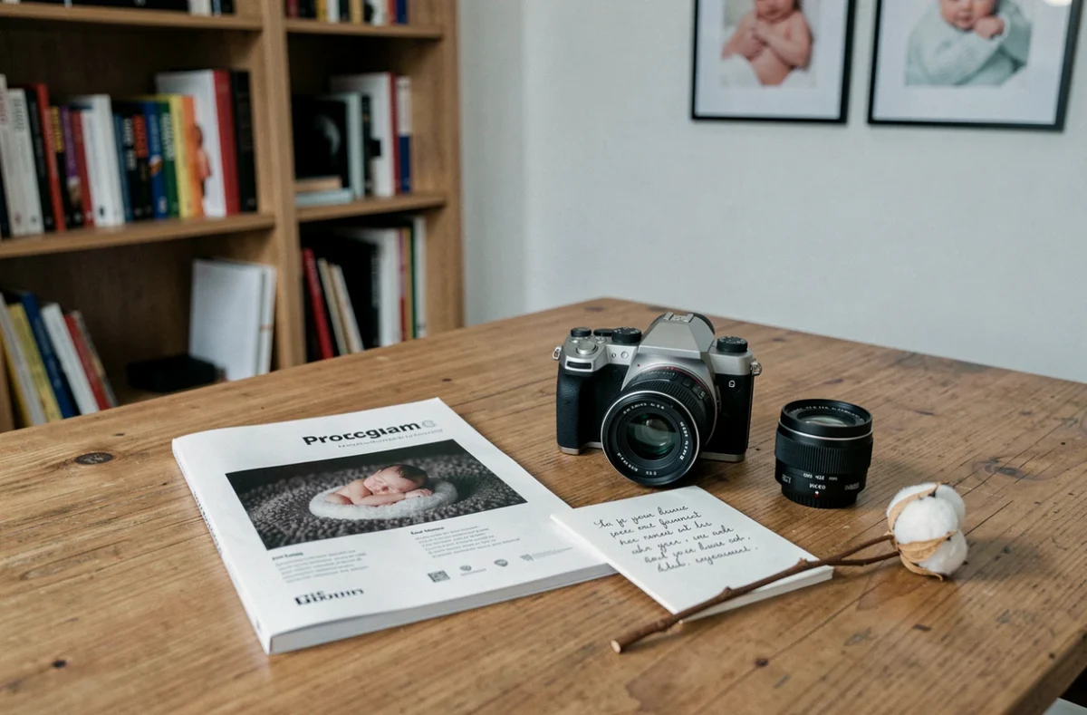 Brochure tarifaire photographe naissance posée sur un bureau avec matériel photo à Toulouse