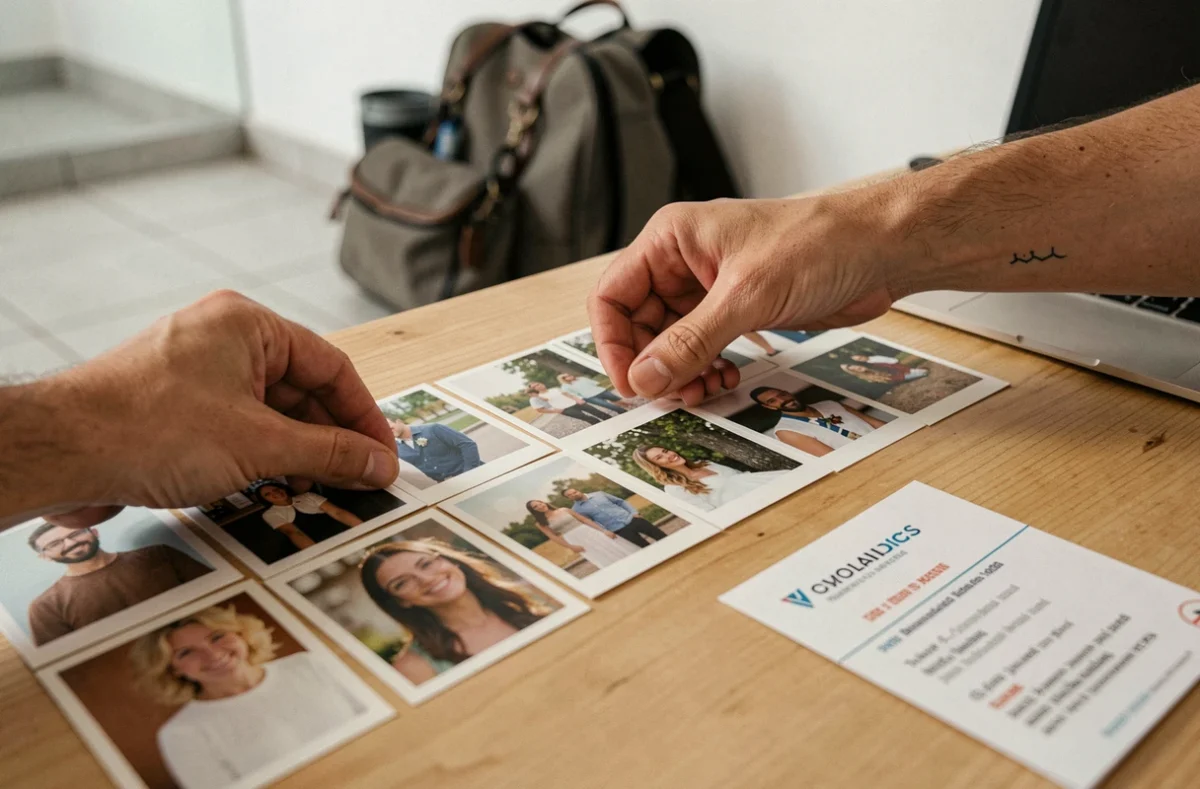 Gros plan sur des tirages photo et une carte de visite de photographe posés sur une table en bois lors d'une consultation à Bourg-en-Bresse