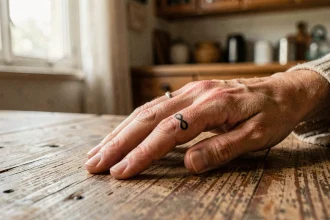 Tatouage alliance infini noir fin sur le doigt d'une femme posé sur une table en bois rustique