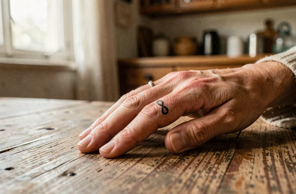 Tatouage alliance infini noir fin sur le doigt d'une femme posé sur une table en bois rustique