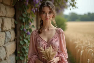 Invitée mariage champêtre en robe midi rose poudré avec broderies florales tenant un bouquet de fleurs séchées devant un mur en pierre recouvert de glycine