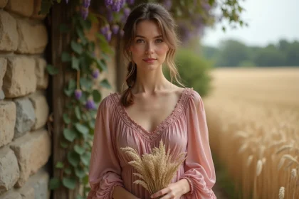 Invitée mariage champêtre en robe midi rose poudré avec broderies florales tenant un bouquet de fleurs séchées devant un mur en pierre recouvert de glycine