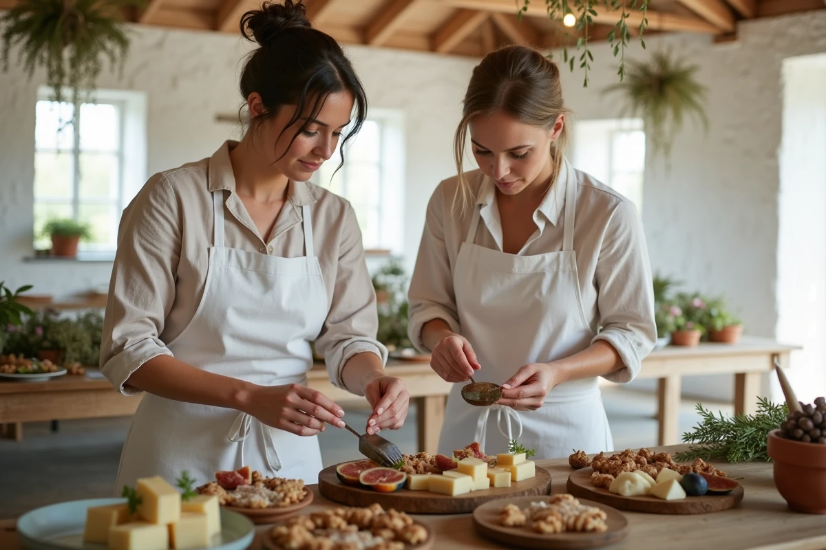 Deux traiteurs professionnelles finalisant l'installation d'un buffet froid mariage tendance 2026 avec fromages, figues et planches en chêne dans une grange blanchie à la chaux