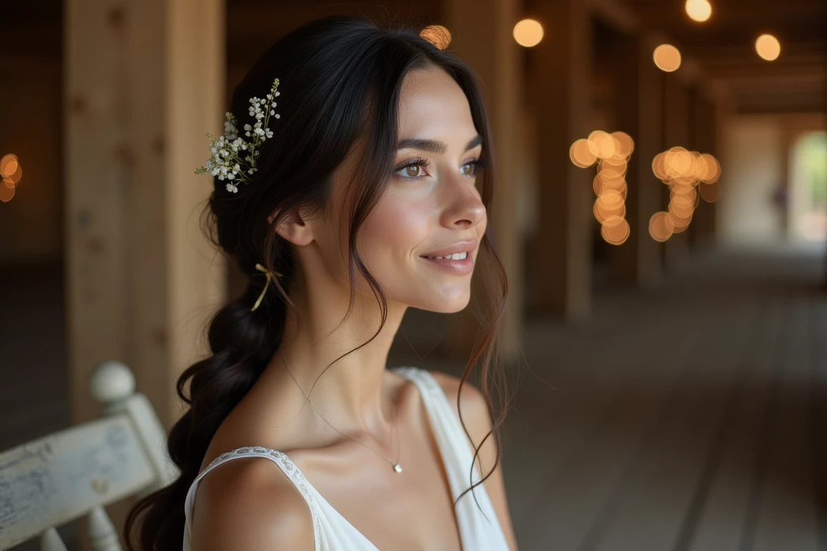 Tresse épi de blé bohème sur cheveux longs bruns ornée de gypsophile pour une mariée en intérieur rustique