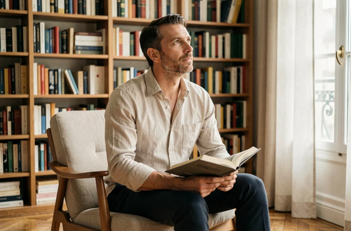 Homme intellectuel et discret dans un appartement parisien moderne, lisant dans un fauteuil, symbolisant la vie privée face à la notoriété